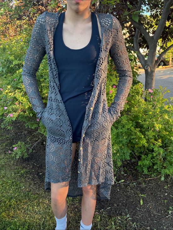 Free People Jackets & Blazers - Free People Charcoal Crochet Open-Front Duster Cardigan (XS)